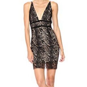 Bardōt Black Lace Cocktail Mini Dress with Nude Underlining